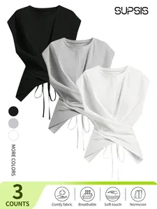 Women's Knitted Round Neck Drop Shoulder Sleeve T-Shirt, Fashion Casual Asymmetrical Ruched Cross Cutout Back Tie Top,Spring&Summer break outfit idea,tiktokmademebuyit, Tshirt