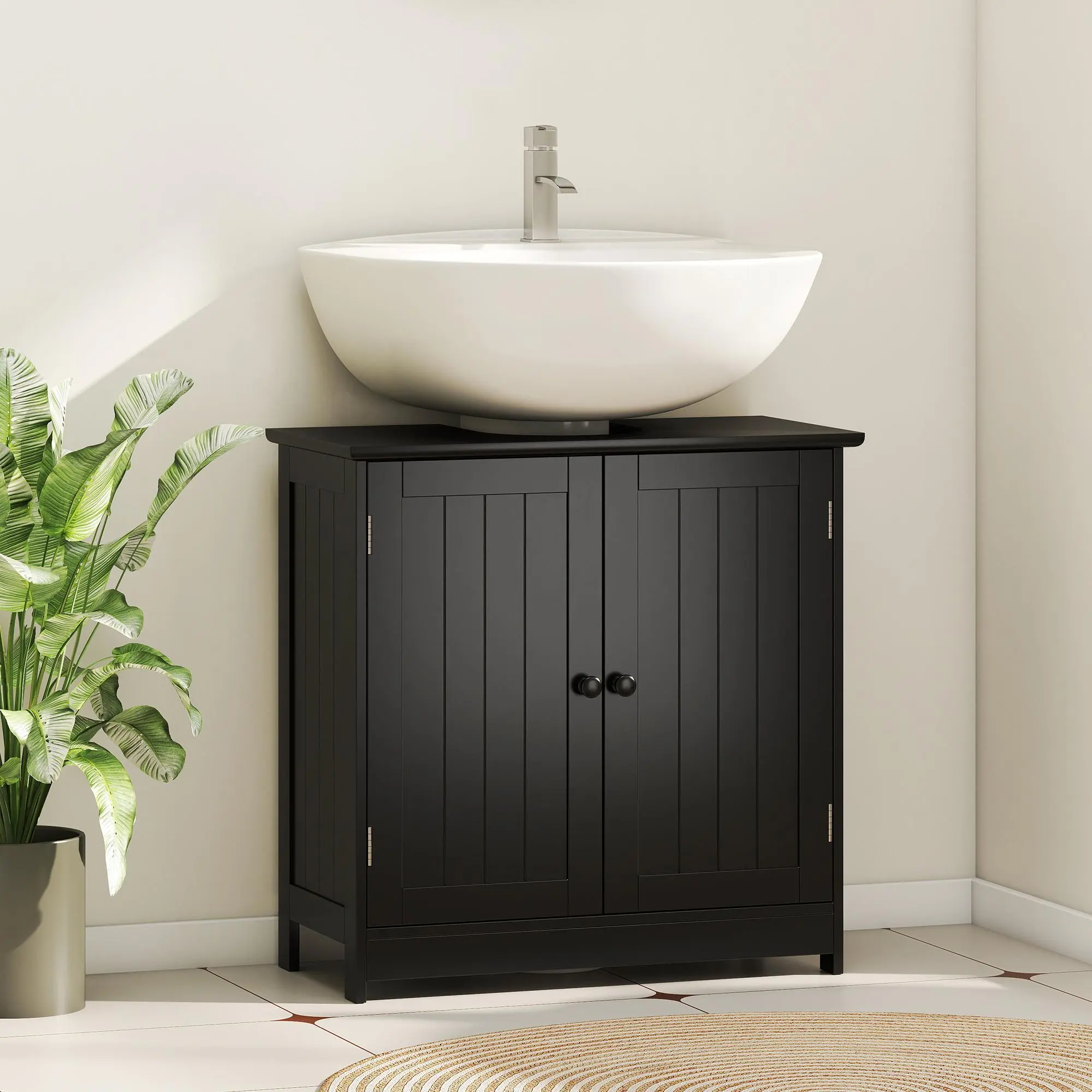 Under Sink Bathroom Cabinet Pedestal Sink Storage Cabinet with 2 Doors Shelf and U-Shape Black Compact Functional Space Saving Design Durable MDF Construction