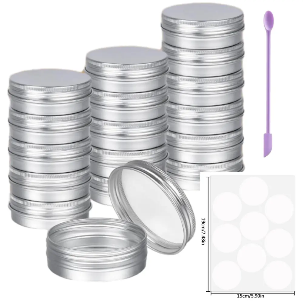 24PCS Aluminum Cans, Durable Wide Mouth Screw Lid Aluminum Tins with Labels Refillable Round Containers for Cosmetics, Lip Balm, Cream, Salve, Spices & Candles