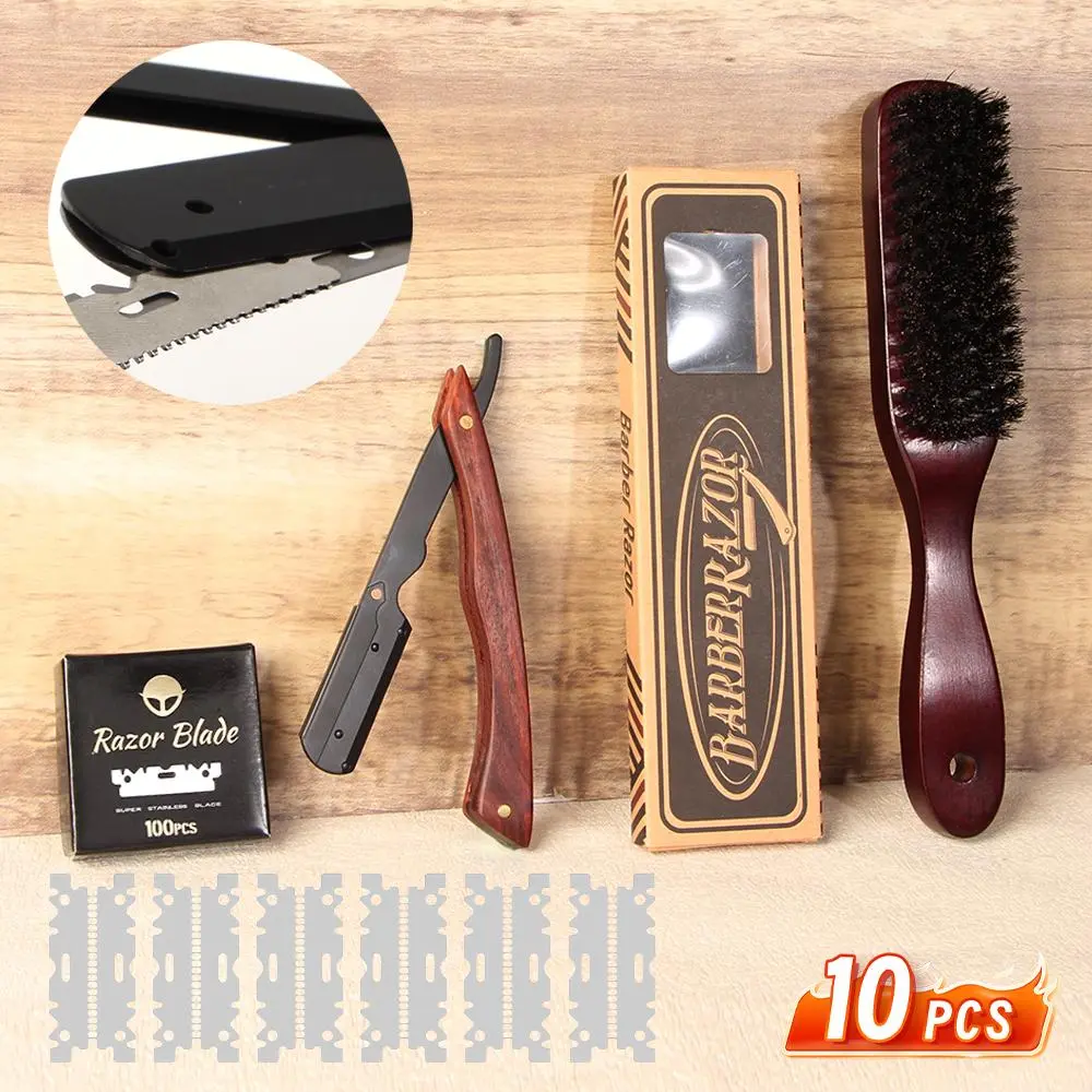 Professional Razor Set, 10pcs/set Wooden Razor Handle & Blade & Blade Protector & Brush & Box, Safety Razor Set for Men, Daily Use Razor Set for Barber Shop and Personal Grooming, Shaving Razors, Shaving Products, Kits