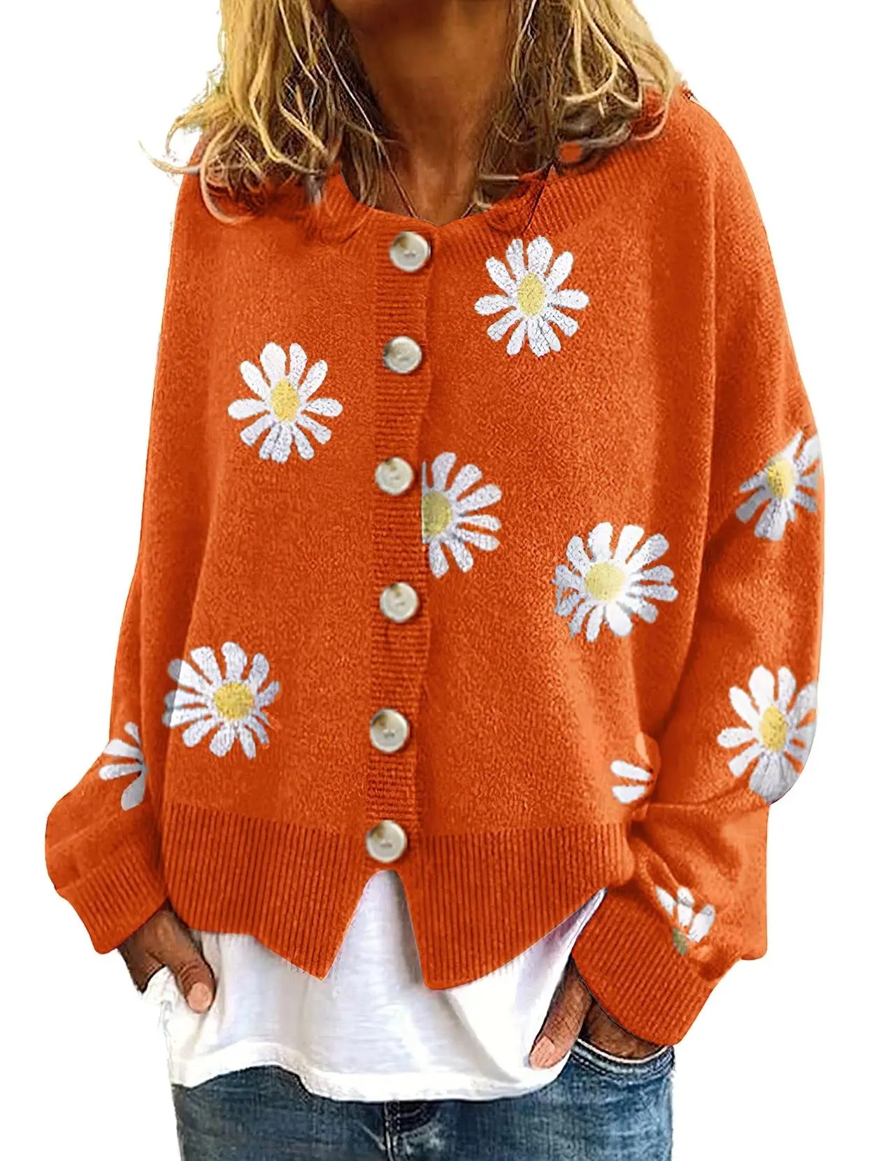 Chouyatou Lady's Vintage Floral Round Neck Crop Cardigan, Cable Knitting Casual Top, Oversized Checkerboard Knit Outwear for Fall Outfits
