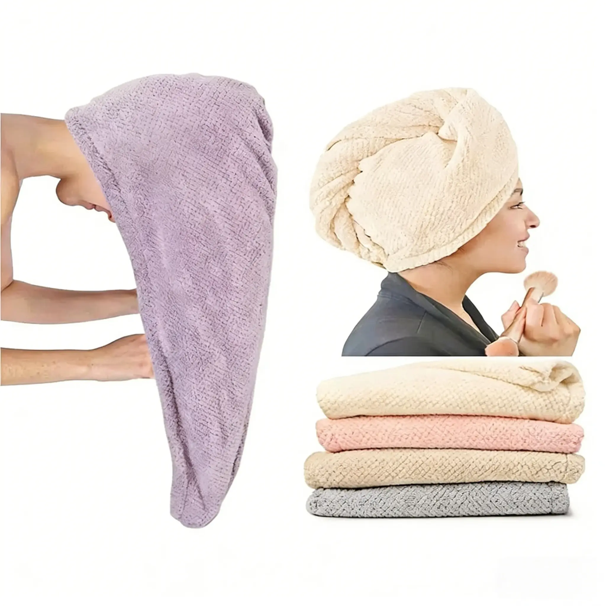 Women's 2-Pack Microfiber Hair Towel Wrap Set, Quick Dry Bath Towels, Super Absorbent Anti-Frizz Turbans with Button, Large Size for All Hair Types