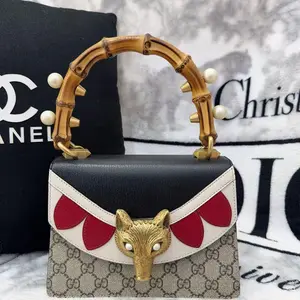 Pre-owned GUCCI cowhide top handle bags Supreme Monogram Mini Fox Broche Bamboo Top Handle Bag qiqia5365