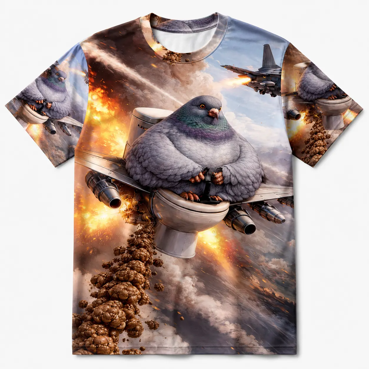 Men's Polyester T-Shirt with Hilarious Giant Pigeon on Toilet Jet Fighter Print, Crazy Battle Scene Design, Novelty Graphic Tees for Casual Daily Wear, Funny Streetwear