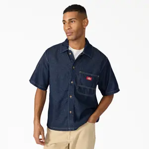 Dickies Denim Short Sleeve Button-Up Shirt, 100% Cotton Denim Fabric, Workwear Casual Everyday Style