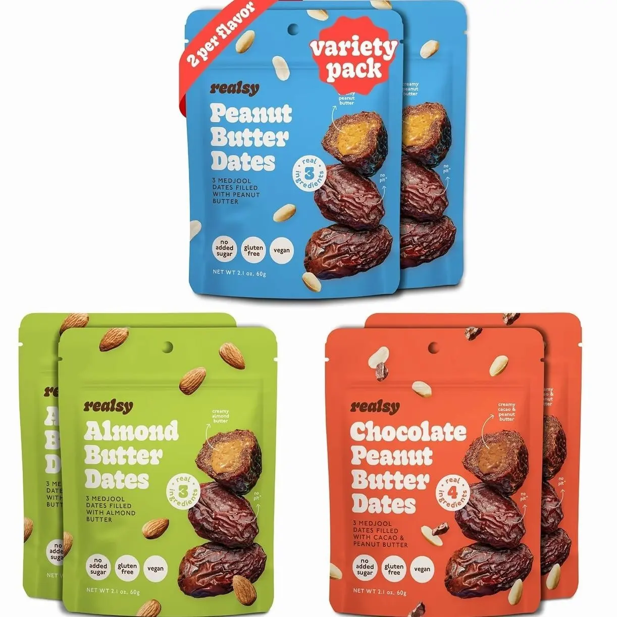 Realsy Pitted & Stuffed Medjool Dates, Organic Dates with No Sugar Added, Gluten-Free, Vegan, Good Source of Fiber, Low Glycemic Index, All Natural Healthy Snack (Variety 6 Pack)