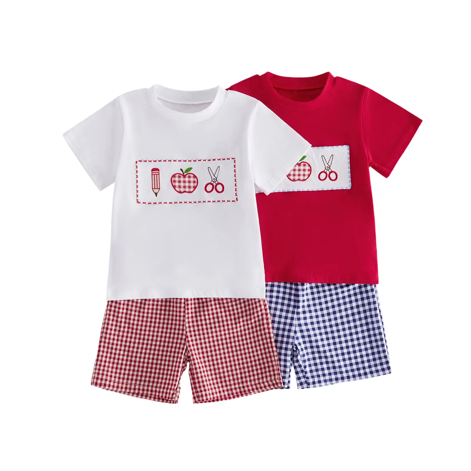 Toddler Baby Little Boy Back To School Outfits Pencil Scissors Embroidered Short Sleeve T-shirts and Plaid Shorts Set 1-6 Years