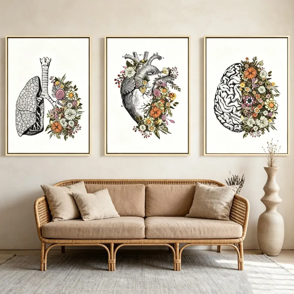 3 Pieces Vintage Anatomy Floral Heart Brain Art, Medical Theme Wall Mural, Science Aesthetic Home Art, Eclectic Gallery Decor, Dark Tone Poster, Wall Decor for Clinic and Study, Framed or Unframed, Canvas Art