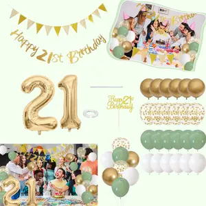 21st Birthday Decoration Props Happy Birthday Banner with Birthday Cake Number 21 Aluminum Foil Balloon Grass Green Platinum Birthday Balloon Suitable for Men and Women 21st Party Decoration Metallic Sage summervibes