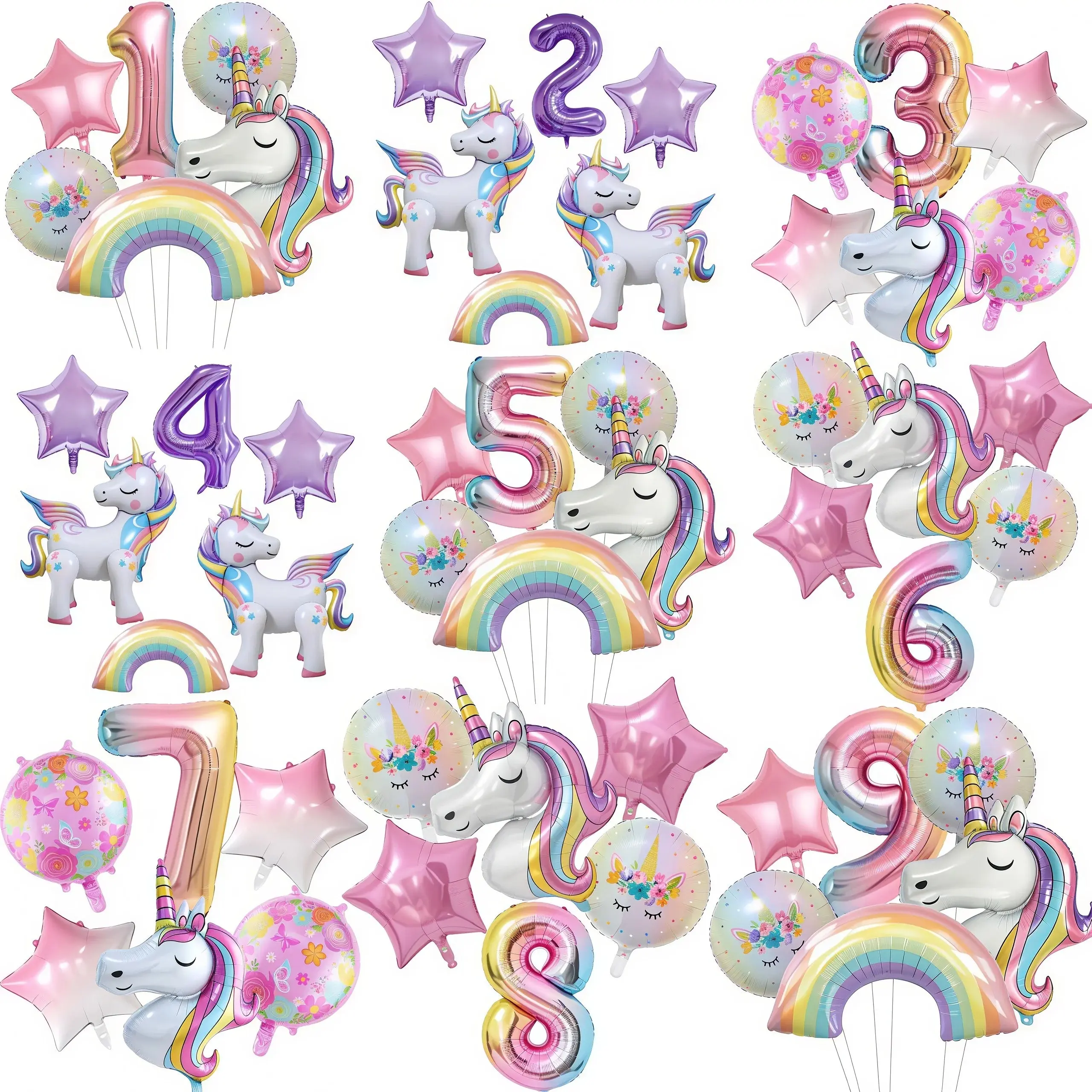 KidsFam 6pc Rainbow Unicorn Balloon Kit | Foil Balloon, Gradient Number Balloon Set for Kids Birthday Party Decor & Baby Showers