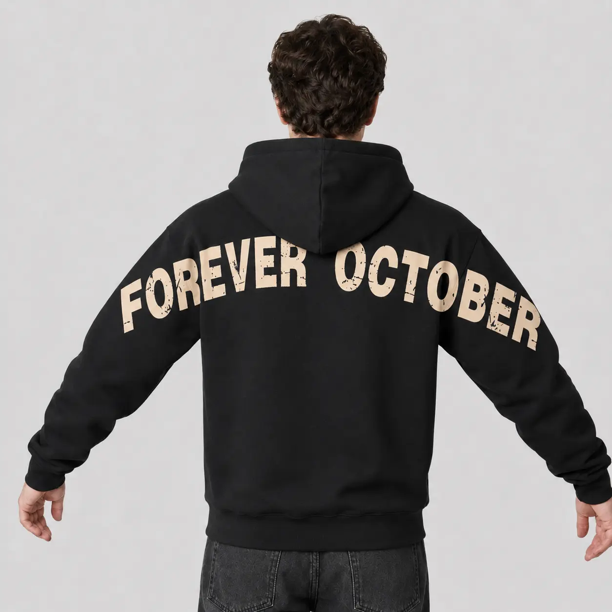 October Halloween Hoodie, Distressed Gothic Pullover, Graphic Shoulder-to-Shoulder Back Lettering, Spooky Season Outfit