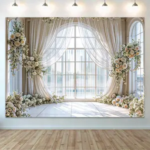 Wedding Themed Backdrop, 1 Count Flower & Curtain Pattern Backdrop, Decorative Banner for Photography Studio, Living Room & Bedroom Celebration