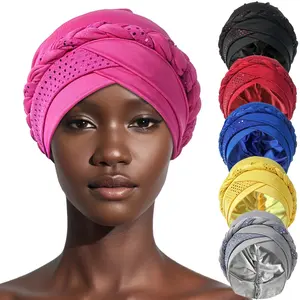 Trendy muslim women inner caps for hijab India wrap head turban bonnet with drill solid color hijab underscarf caps turbante