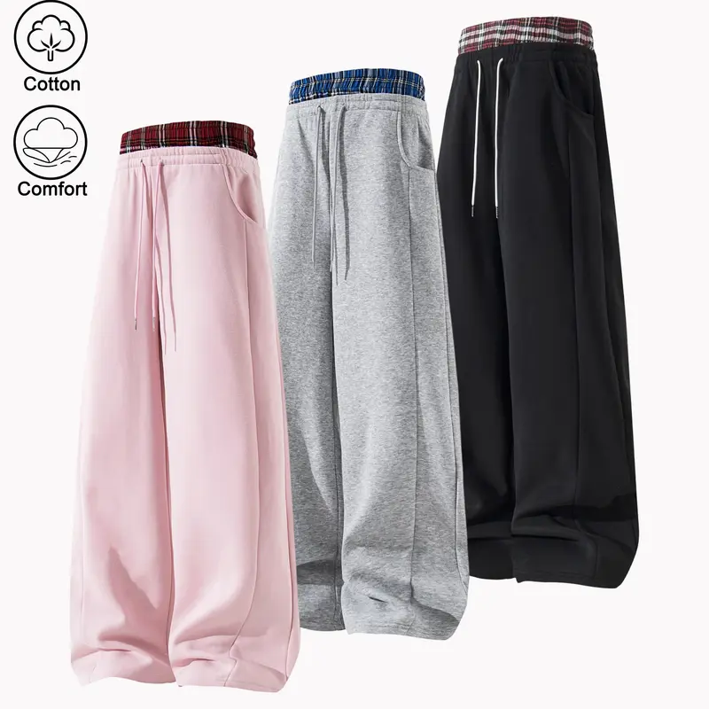 Adjustable Drawstring Men's Cotton Plaid Paneled Wide-Leg Athletic Pants, 2-Tone Colorblock, Breathable Loose-Fit Sportswear, Relaxed Drape, Streamlined Silhouette, Casual Sporty Style, Adjustable Drawstring Men's Pants