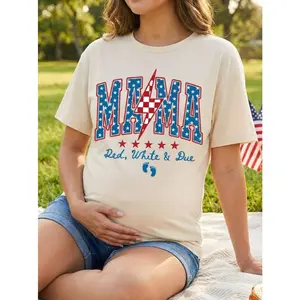 Mama Red White And Due Tee, 4th Of July Pregnancy Patriotic Mama Maternity T-Shirt Gift Summer Beach American 250 Year Anniversary Holiday