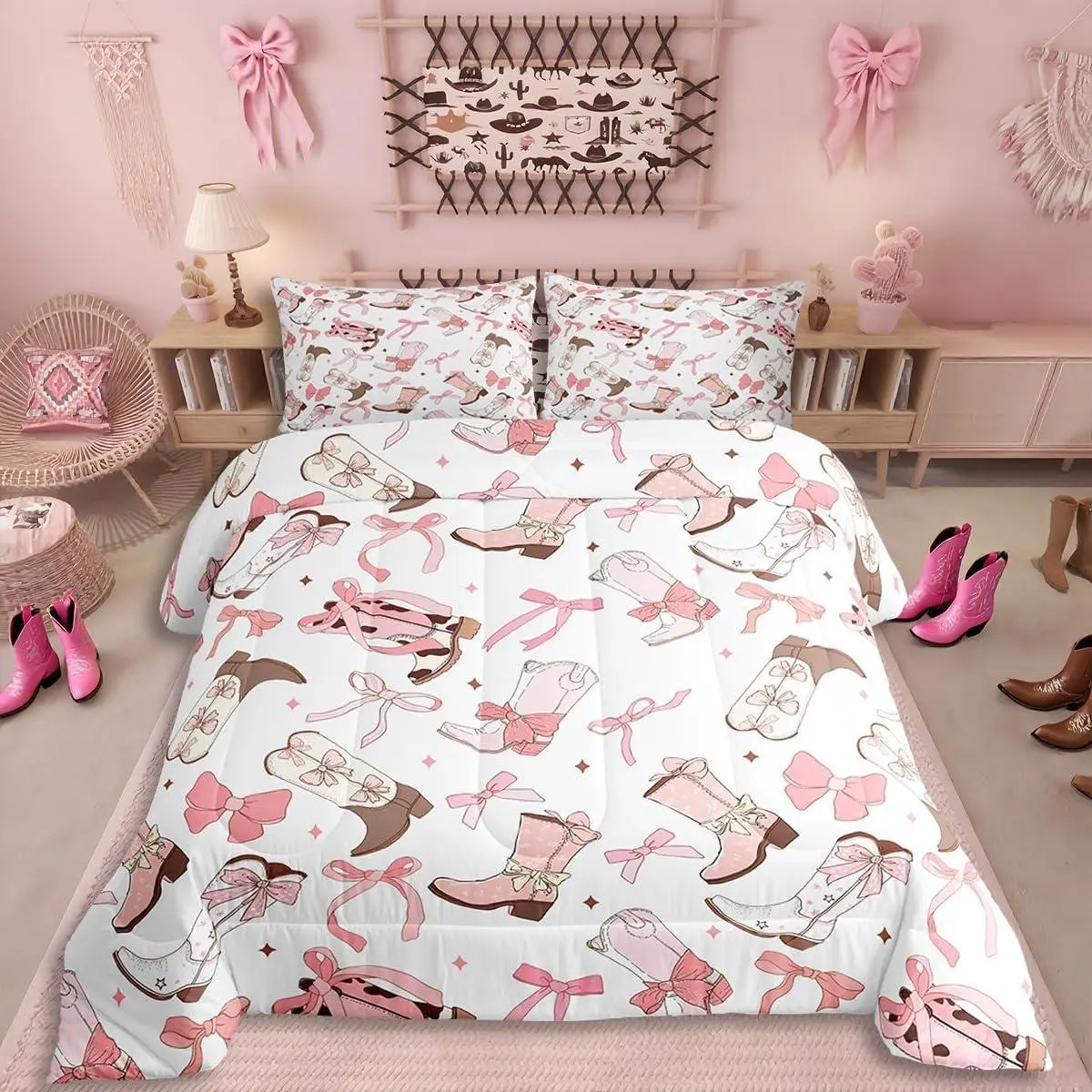 Pink Bow Bedding Set,Kids Boys Girls Cute Bow Knot Comforter Set for Western Cowgirls Quilt,Dreamy Pink Duvet Insert