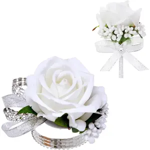 2Pcs White Rose Corsage and Boutonniere Set, Corsage Wristlet Band for Prom Decorations, Artificial Boutonniere for Men Wedding Party Suit Flower Accessories