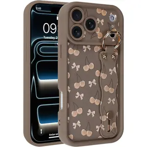 Compatible with iPhone 17 Pro Max Case with Finger Strap, [Upgraded] Adjustable Wristband Kickstand Cover for Women Girls, Cherry Bow Shockproof Silicone Protective Case 6.9 Inch, Brown
