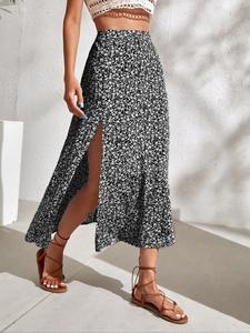 women's ditsy floral print split thigh a line vintage skirt, chic boho casual high waist midi skirt, bohemian bottom for lady, ladies summer clothes for beach holiday vacation