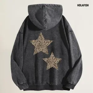 Holafish Women’s Vintage Acid Washed Oversized Hoodie Double Leopard Star Print Distressed Pullover Finish and Cozy for Retro Streetwear Style and Casual Outfits