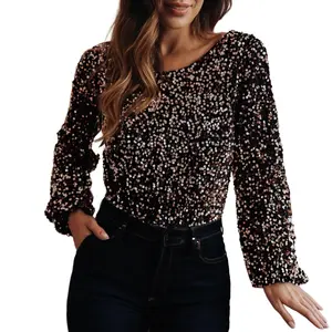 Asvivid Deep V Back Sequin Puff Sleeve Sequin Backless  V-Back Jumpsuit Bodysuit Womenswear Chic Tops