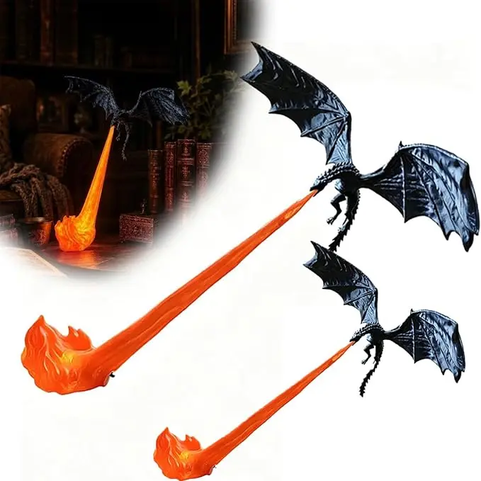 Dragon Bookshelf Light,3D Printed Fire Breathing Dragon with Wings,Large Fire Breathing Glowy Shelf Decor Book Lamp Bookends