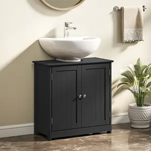U-Shaped Under Sink Storage Cabinet – Fits Around Sink & Pipes. Adjustable Shelf for Custom Storage. Double Doors Protect from Moisture. Sturdy MDF. Holds 22 lbs. Versatile Black