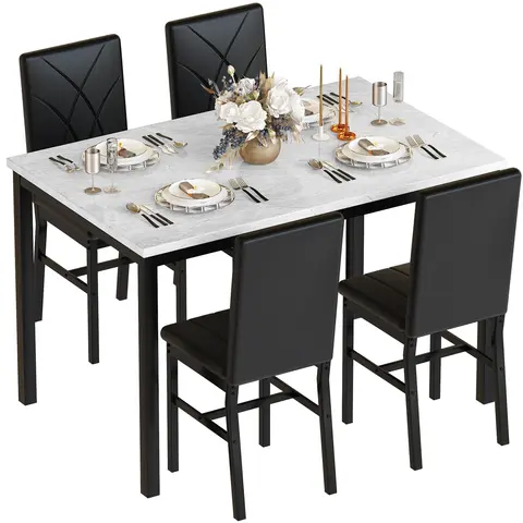 DKLGG 5-Pc Small-Space Saver Dining Table Set - Faux Marble MDF Wood Table with Sturdy Metal Frame, 4 Velvet Upholstered Curved Soft Back Chairs with Plush Foam Seats for Modern Living Room (Requires Assembly)