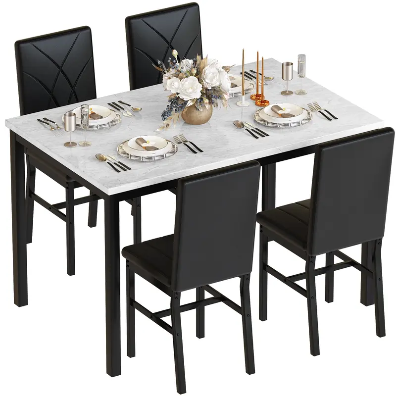 DKLGG 5-Pc Small-Space Saver Dining Table Set - Faux Marble MDF Wood Table with Sturdy Metal Frame, 4 Velvet Upholstered Curved Soft Back Chairs with Plush Foam Seats for Modern Living Room (Requires Assembly)