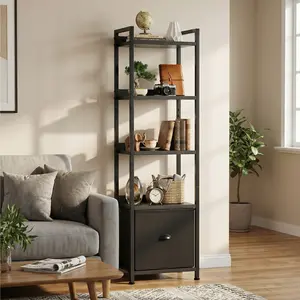 Modern Slim Bookshelf with Fabric Drawer – Tall Narrow Wood & Metal Storage Unit, Space-Saving for Living Room, Bedroom