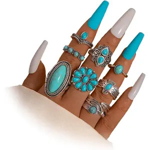 Bohemian Joint Knuckle Rings Set for Women, Boho Turquoise Stackable Rings Chunky Retro Turquoise Midi Finger Ring Statement Western