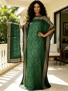 1 Dress+1 Scarf，Emerald Green Leopard Trim Kaftan Dress for Women, Plus Size Muslim Abaya with Matching Scarf, Loose Batwing Sleeve Maxi Caftan, Modest Beach Cover Up, Dubai Style Islamic Robe for Vacation, Eid & Casual Loungewear