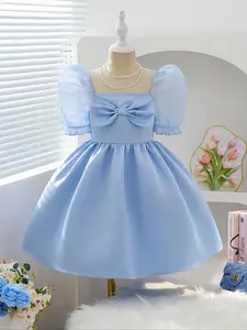 Fashionable and delicate blue shimmer organza puffy sleeve bow tie party dress birthday dress for girls, suitable for parties and gatherings, elegant and atmospheric dress for
