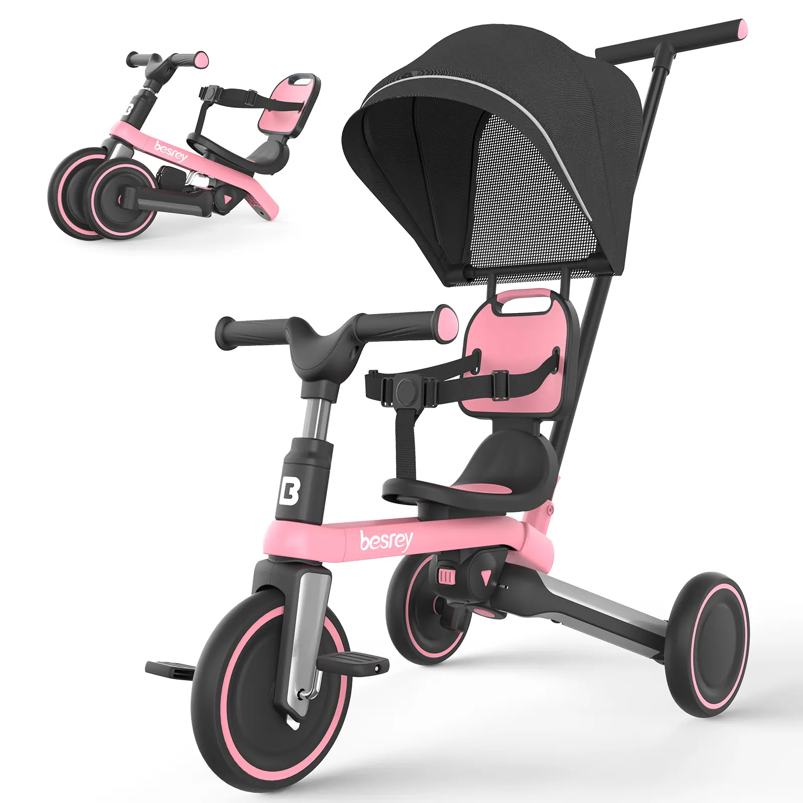 besrey Toddler Tricycle with Parent Steering Push Handle, Removable Pedals, for 1-3 Years Old, Foldable Kids Push Trike, Updated Version 2.0 Pink Portable