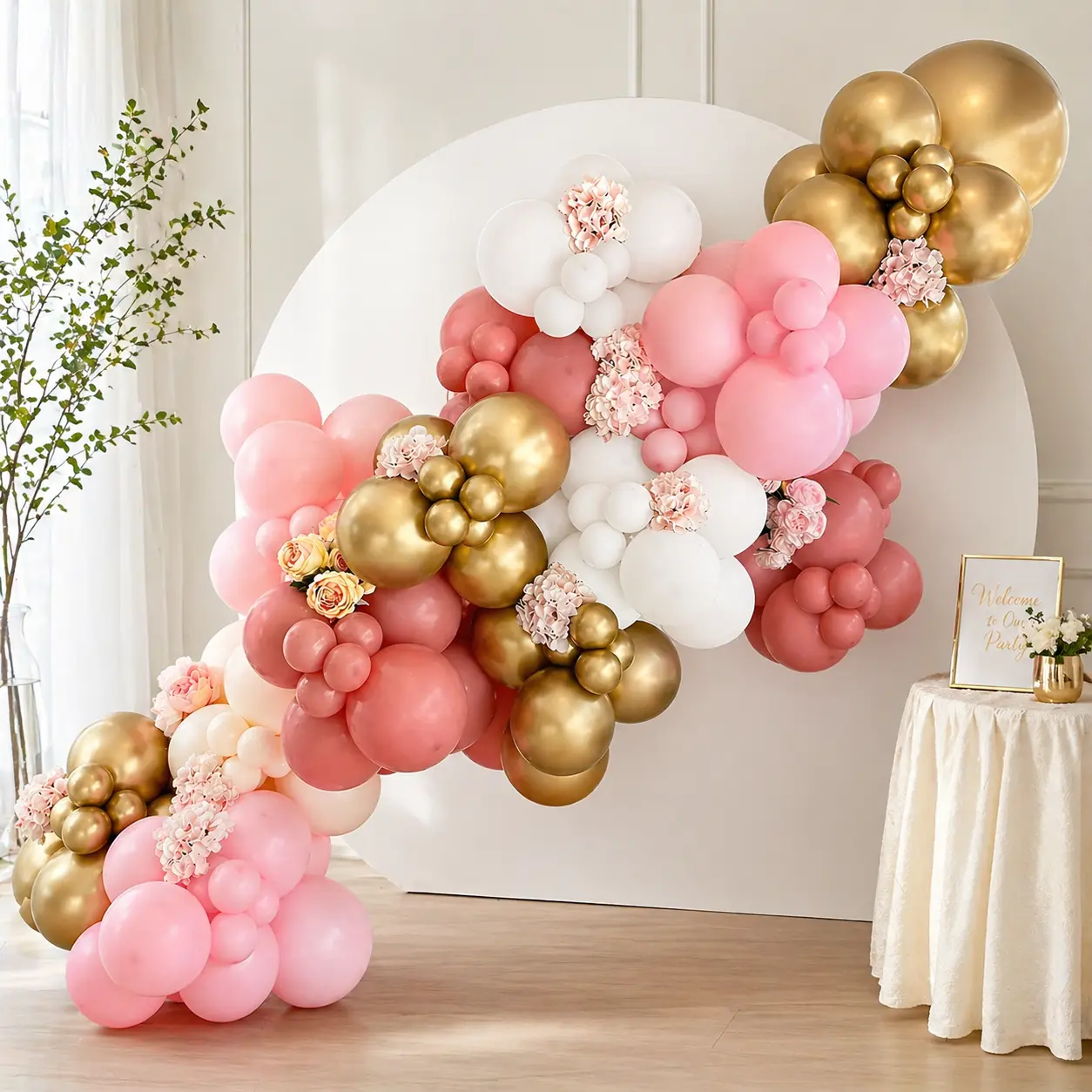140-Pc Blush Pastel Pink, Peach, Gold, Beige & White Latex Balloon Garland Arch Kit - Festive Home Party Supplies for Girls' Birthday, Baby Shower, Balloon Arch Balloons, Birthday Theme Balloons