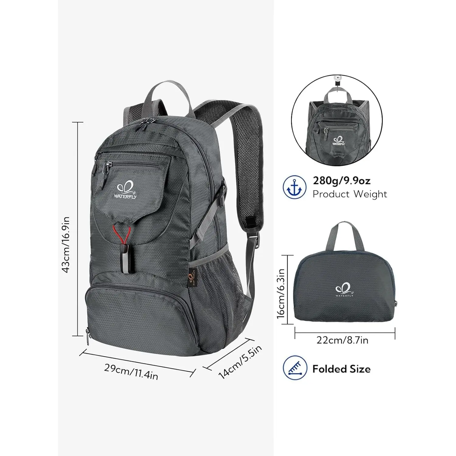 WATERFLY Small Lightweight Packable Backpack: 20L Ultra Light Foldable Travel Hiking Camping Daypack Day Pack for Man Woman Waterfly