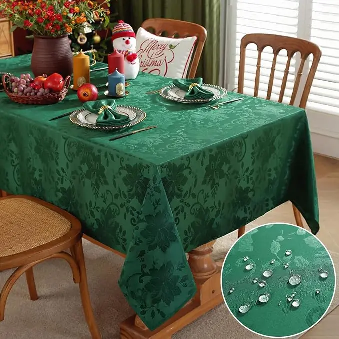 SASTYBALE Christmas Tablecloth Rectangle, Green/Red Poinsettia Jacquard Tablecloths Spillproof Wrinkle Free Damask Fabric Table Cover for Winter, Xmas & New Year Gathering Decor Ornaments Decoration