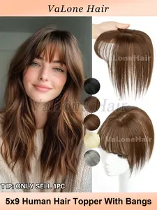 5X9 Real Human Hair Topper Wigs with bang for women, Stright hair, Increase hair volume & Covering white hair, Enhance temperament, Suitable for various occasions