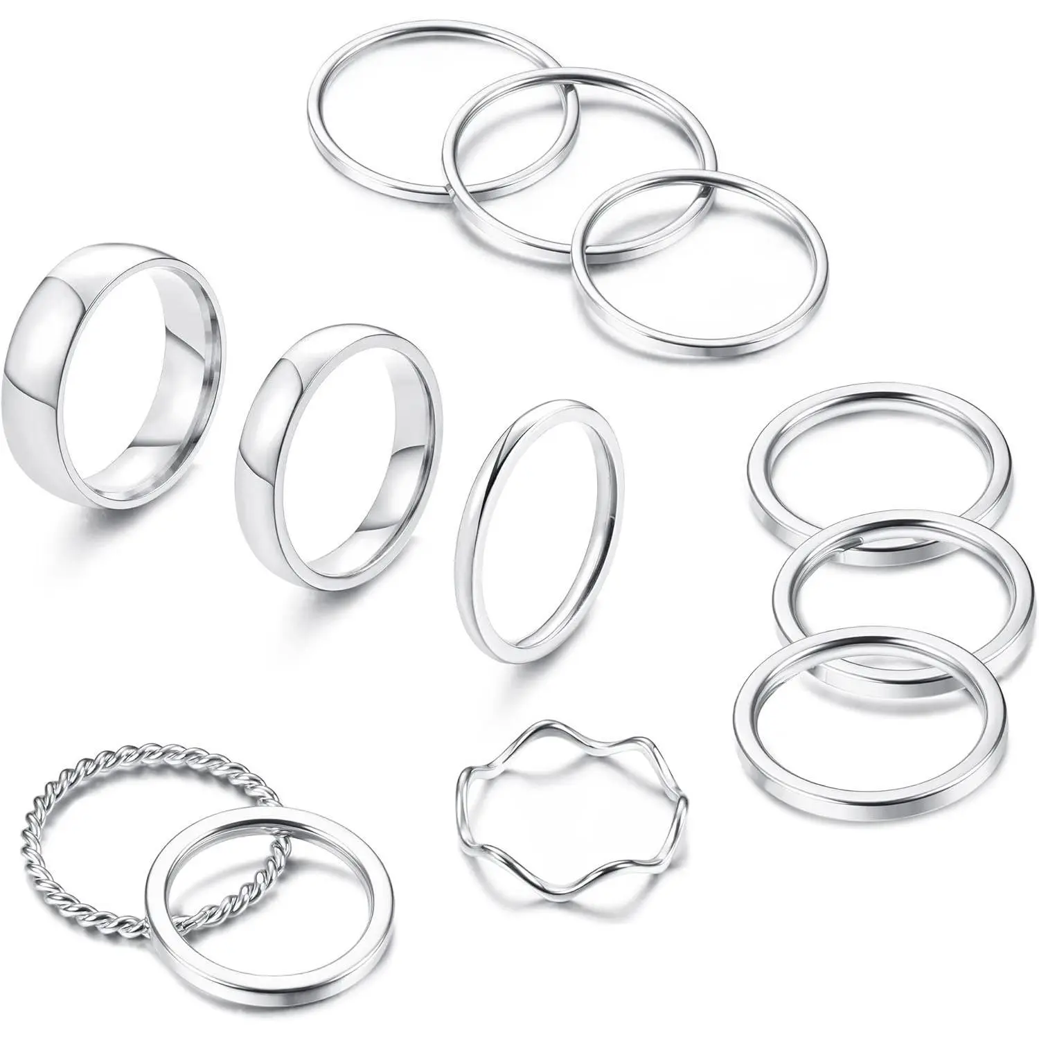 FINREZIO Women's 12PCS Stainless Steel Stacking Jewellery - Lightweight, Resistant to Tarnishing, Simple & Elegant Design Plain Thin Bands, Daily Wear Rings for Adults' Knuckles & Thumbs