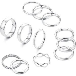 FINREZIO 12PCS Stainless Steel Stacking Rings for Women Plain Band Rings Finger Rings Simple Thin Knuckle Stacking Thumb Rings Daily
