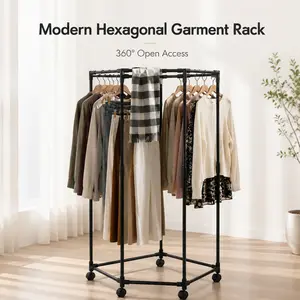 360° Rotating Heavy-Duty Clothes Rack with Wheels, Space-Saving Rolling Garment Organizer for Bedroom Closet, Storage Organization Solution for Laundry Room & Garage