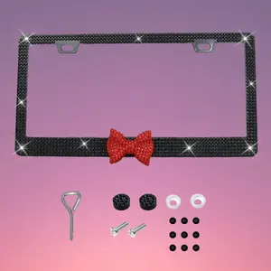 1PC/2PCS Women's Shiny Plastic License Plate Frame, Sparkling Bow Design, Rhinestone Diamond Car Accessory, Crystal Hat Included, Vehicle