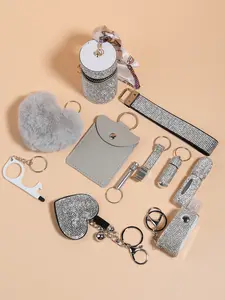 11 Piece Set Shiny Women's Rhinestone silver Security Keychain suit Wristband Keychain Belt Storage Bag and Pompom Card Bag Accessories Kit Keychain suit Keychain Accessories Fashionable Material Sturdy Suitable for Back-to-School Season and Party Events