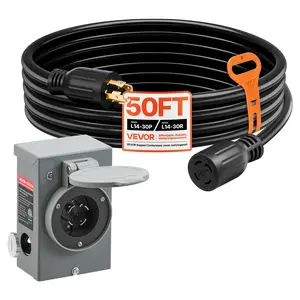 VEVOR 30 Amp Generator Cord and Power Inlet Box, 50 FT, 125/250V NEMA L14-30P to L14-30R Heavy Duty Extension Power Cord, SJTW 10 Gauge 7500W, Pre-Drilled Inlet Box, for Generator to House, ETL Listed