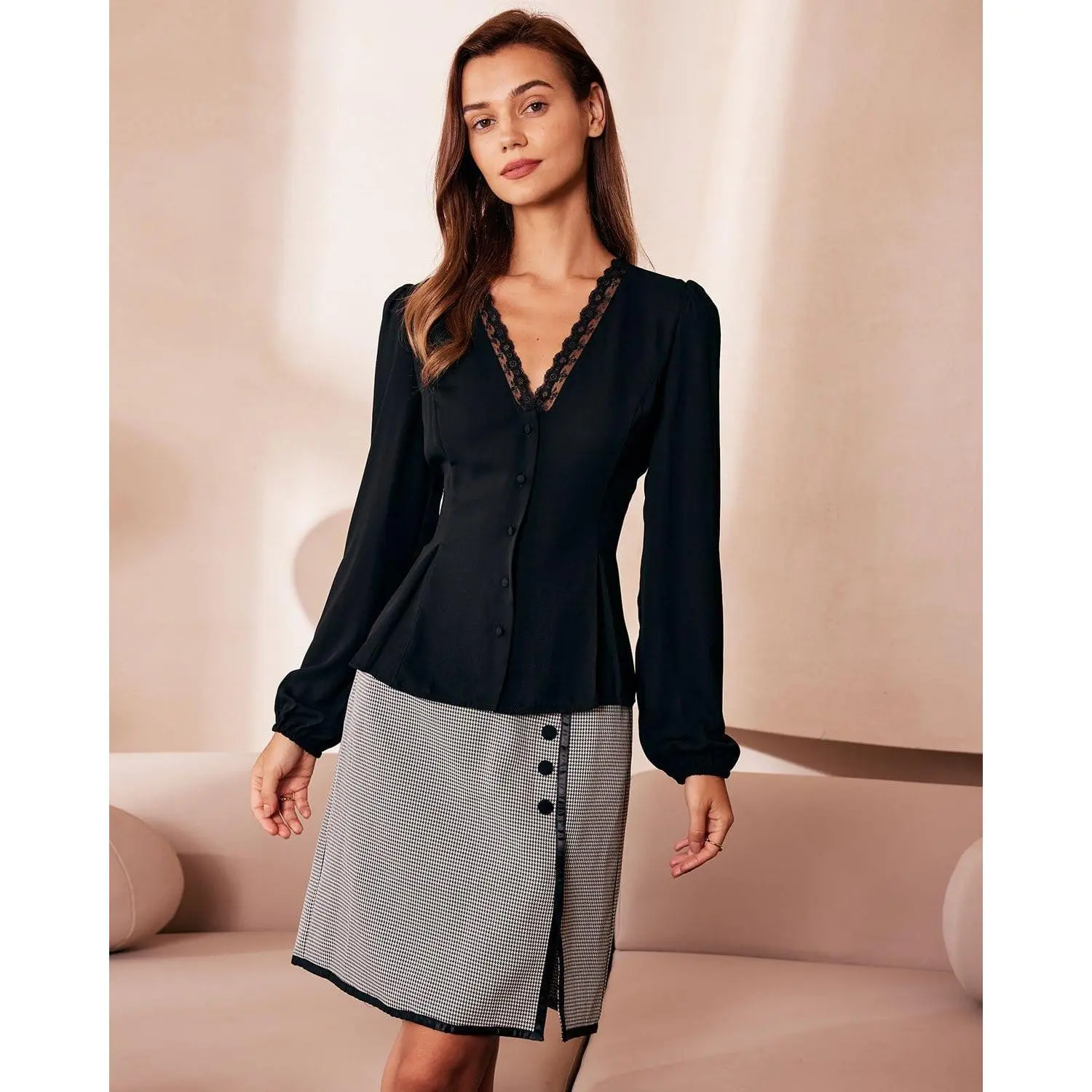 RIHOAS Women's Effortless Chic Polyester Blouse - Fitted V-Neck with Lace Trim, Lantern Sleeves, Button-Up, Slit Detail, Casual Regular Elegant Classy Ready-to-Wear Top for Business Casual, Everyday Use