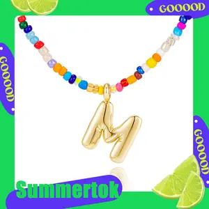 KINHOPI Colorful Initial Necklaces for Women Handmade Beaded Beachy Dainty Cute Trendy Jewelry Set Adjustable 15 inch+2 inch Chain Golden Letter Pendant Summer Necklace Gifts for GF tiktokshopspringglowup