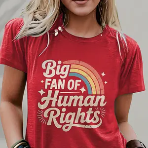 Women'S Short Sleeve T-Shirt, Christmas Women'S Clothing, Thanksgiving, Christmas Gift- Blend Human Rights Fa with Rainbow Pride Design Retro Font Statement T-Shirt, Suitable for Unisex Street Fashion Trend Graphic Top