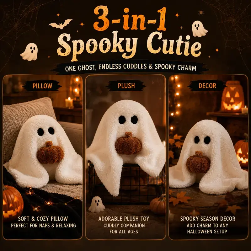 Unisex 11-in Soft-Stuffed Ghost Plush Pillow with Pumpkin, Plush Fabric Cover, Cute Halloween Stuff, Halloween Decorations, Home Decor for Couch/Bed, Festive Fall Kids Gift