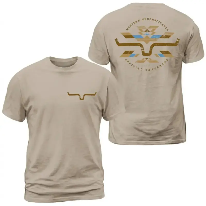 Kimes Ranch Horn Logo Aztec T-Shirt, Western Ranch Graphic ,  Tribal Back Print With Front Chest Horn Emblem, Cowboy Casual Outfit, Soft Cotton  Gift For Men and Women all-season oversized distressed tee