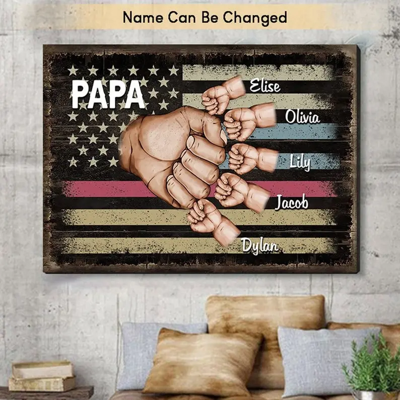 Custom Kid And Grandkid Names, Personalized Papa House Decor, Family Fist Bump Wall Art For Grandpa